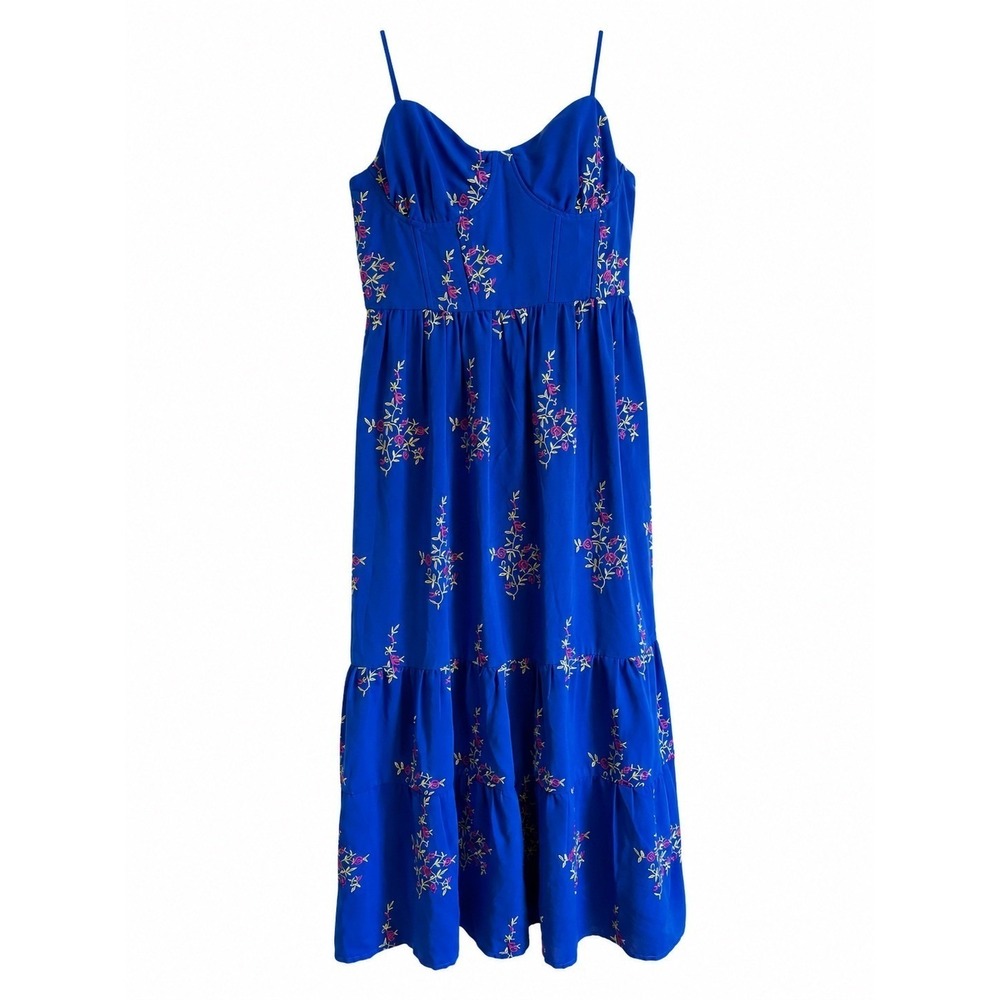 Betsey Johnson Blue Embroidered Corset Maxi Dress Size 6 Coquette Fairycore